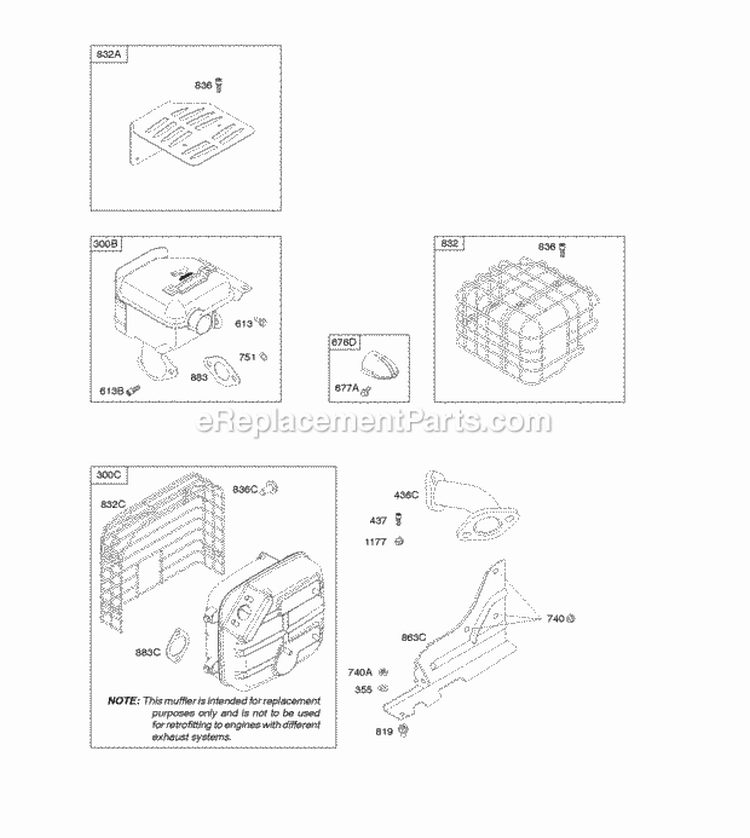 Exhaust System Diagram and Parts List for 21M214-0137-E1  Briggs and Stratton Engine